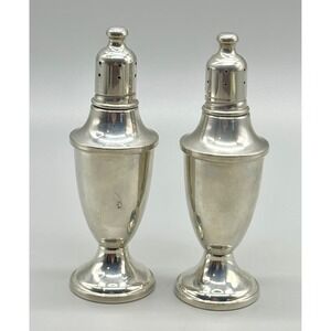 Web Pewter Salt Pepper Shakers Silver Weighted Pedestal Amber Glass Lined 5 inch